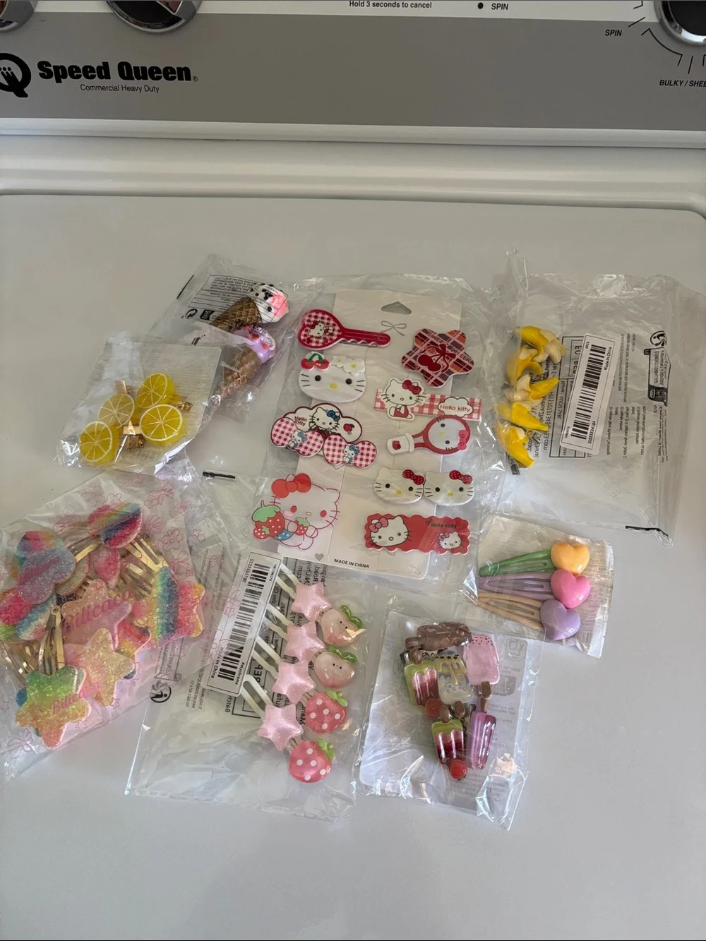 Large Lot of Cute Novelty Hair Clips Hello Kitty Fruit Hearts Ice Cream